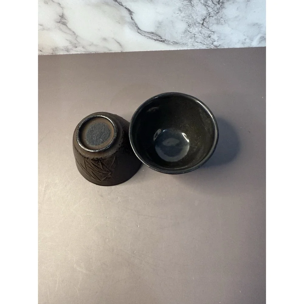 Tetsubin Tea Cups Cast Iron Bamboo Floral Design Set of Two Brown and Black Pair